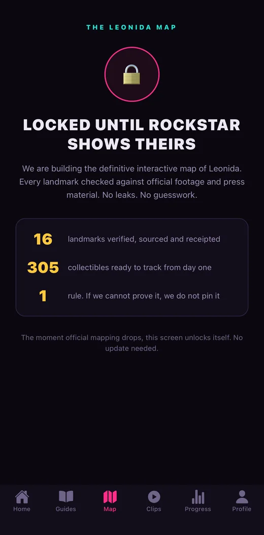 The Leonida map, locked until Rockstar shows theirs, with verified landmark counts
